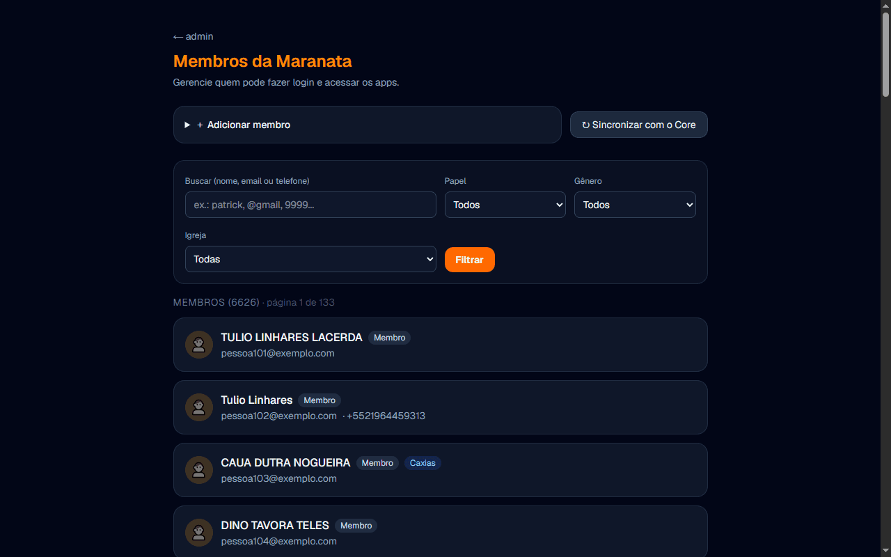 Lista de membros no computador: busca por nome/e-mail/telefone, filtros de papel, gênero e igreja, e as primeiras linhas de uma lista paginada com nomes e e-mails fictícios