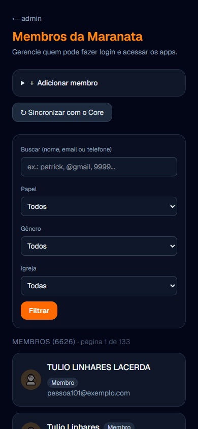 Lista de membros no celular: o mesmo formulário de busca e filtros, com a lista empilhada abaixo