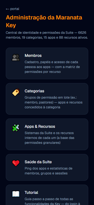 Painel de administração no celular: os mesmos módulos empilhados em coluna única